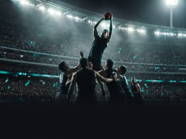 Australian rules footballer taking a high mark above a pack