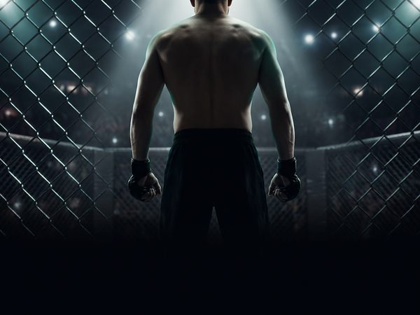 Fighter standing in the cage under a spotlight